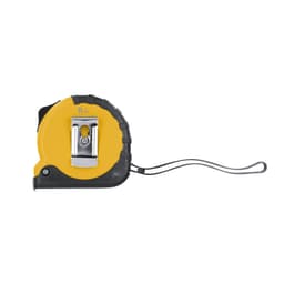 A tape measure in yellow and black with a textured grip and a branding logo, designed for ease of use.