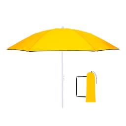 A foldable beach umbrella in bright yellow with a white pole and a matching carry pouch.