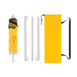 A yellow foldable umbrella with white poles and a carrying bag, designed for leisure and outdoor use.