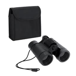 A pair of black binoculars with a carry pouch for storage and transport.