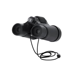 A pair of black binoculars with a cord attached, featuring a knob for adjusting focus.