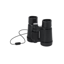 A pair of black binoculars with a strap, featuring a central focusing wheel.