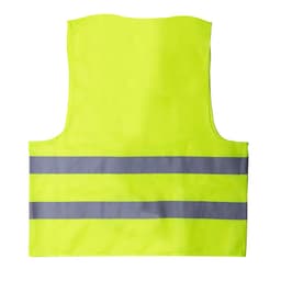 A bright yellow safety vest with reflective grey stripes, featuring a logo on the front.