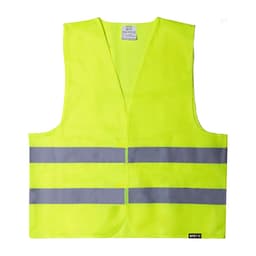 A bright yellow safety vest with reflective grey stripes and a plain design, featuring a branding logo.