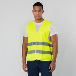 A high-visibility yellow safety vest with reflective grey strips, featuring a logo on the front.