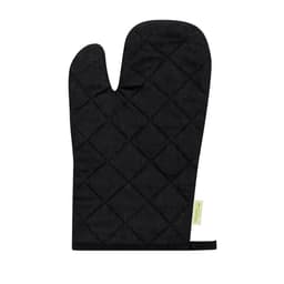 A black quilted oven mitt featuring a logo. Designed for heat protection in kitchen settings.
