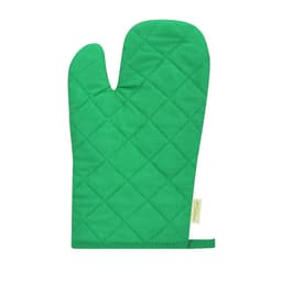 A green oven mitt with a quilted pattern and a hanging loop, featuring a small branding tag.
