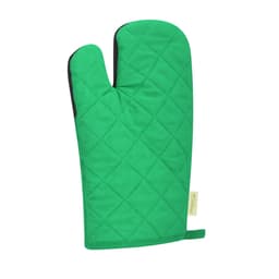 A green quilted oven glove featuring a black lining and a tag, designed for heat protection in the kitchen.