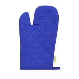 A blue quilted oven mitt with a thumb and a hanging loop for easy storage. It features a branding label on the side.