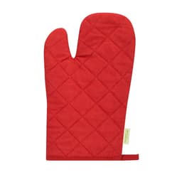A red quilted oven mitt with a hanging loop and a branding label.