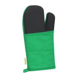 A green oven glove with a black textured grip and a hanging loop, designed for heat protection.