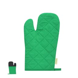 A pair of green quilted oven mitts, featuring a larger mitt and a smaller one, with a label on the side.