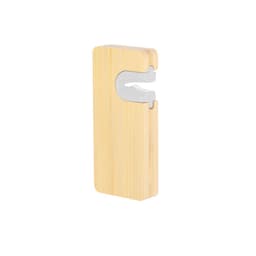 A drink bottle opener in a bamboo finish with a white plastic opener. Features a simple, sleek design.