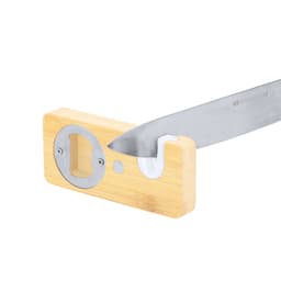A drink bottle opener with a bamboo handle and a stainless steel blade, featuring a circular cutout and a logo.