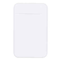A white pouch with a simple design and a slot for storage. It has a branding logo on the front.