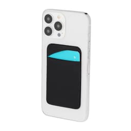 A phone with a black pouch on the back containing a blue card. The device features a white casing.