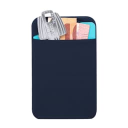 A navy pouch holds a drink bottle and Australian currency, featuring a logo on the top.