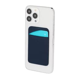 A smartphone with a navy blue pouch on the back, featuring a light blue top for holding cards.
