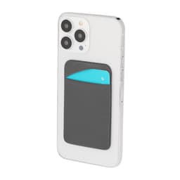 A phone with a grey card holder featuring a turquoise accent attached to its back.
