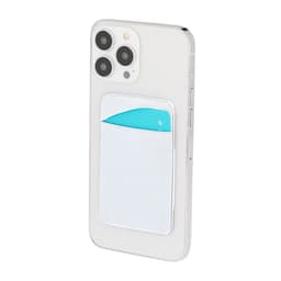 A phone with a white and turquoise pouch attached to the back, designed to hold cards or small items.