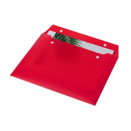 A bright red compendium with two pockets for documents, featuring a logo on the front.