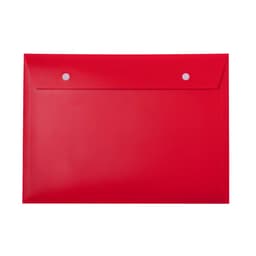 A red envelope with two white button closures, suitable for holding documents or stationery.