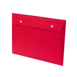 A red compendium with a flap closure and two buttons. It features a plain design and a glossy finish.