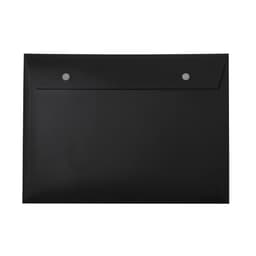 A black compendium with a flap closure and two push buttons. Features a smooth, matte finish.