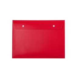 A red portfolio with a button closure and two decorative dots at the top. It features a smooth, glossy finish.