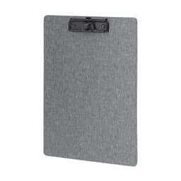 A grey clipboard with a black clip, featuring a textured fabric appearance. It has a logo on the clip.