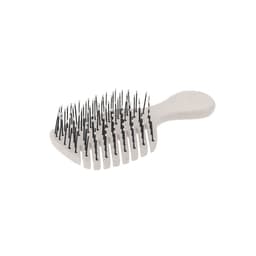 A hairbrush with a cream handle and black bristles, featuring a rounded design for easy grip.