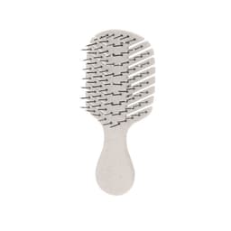 A hairbrush with a white handle and flexible bristles, featuring a minimalistic design. It has a branded logo.