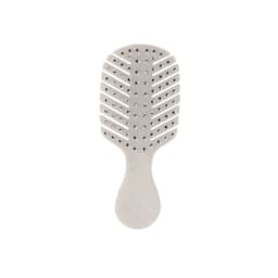 A hairbrush with a light grey design, featuring a ventilated structure for easy styling. It has a logo on the handle.