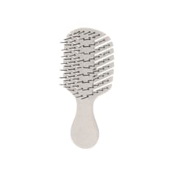 A hair brush in a light grey colour with a rounded handle and flexible bristles. It has a logo on the handle.