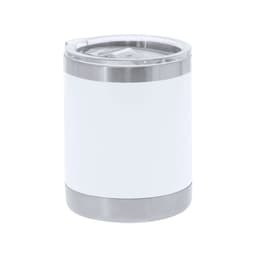A stainless steel insulated cup with a white exterior and clear lid. Features a logo on the surface.