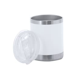 A drink bottle in white with a stainless steel base, featuring a transparent lid and a logo.