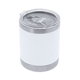A drink bottle with a sleek white body and a stainless steel bottom, featuring a transparent lid.
