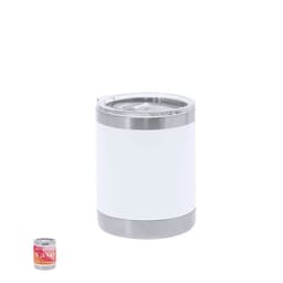 A drink bottle with a stainless steel base and a white insulated body, featuring a clear lid and a logo.