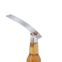 A drink bottle opener in silver, designed to lift bottle caps effortlessly, featuring a sleek, minimalistic design.