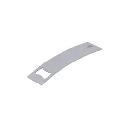 A drink bottle opener in a sleek silver design, featuring a curved shape and a bottle cap opening.