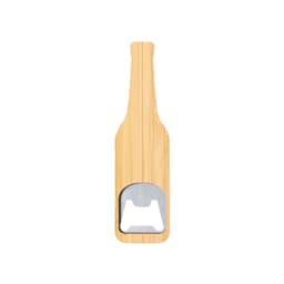 A drink bottle shaped bottle opener in bamboo and stainless steel, featuring a logo.