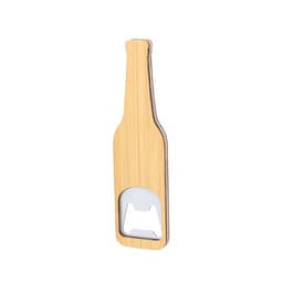 A drink bottle opener shaped like a bottle, made of bamboo with a metallic opener. It features a logo.