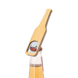 A drink bottle opener designed as a bottle, featuring a wooden finish with a metal opener.