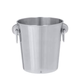 A stainless steel ice bucket with two handles. The surface has a shiny, polished finish.