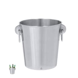 A stainless steel ice bucket with two handles, featuring a shiny silver finish and a simple design.