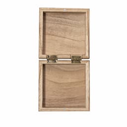 A wooden gift box with a hinged lid, featuring a natural wood finish and brass hinges.