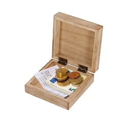 A wooden box filled with coins and notes, featuring a brass hinge. The box is light in colour and has a simple design.