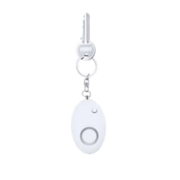 A white keychain device with a circular button and a key attached. It has a sleek, oval design.