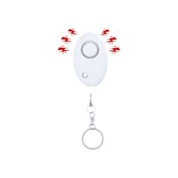 A personal safety alarm in white, featuring a keyring attachment and sound alert design.