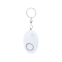 A white keychain device with a button and circular feature, attached to a metal ring.